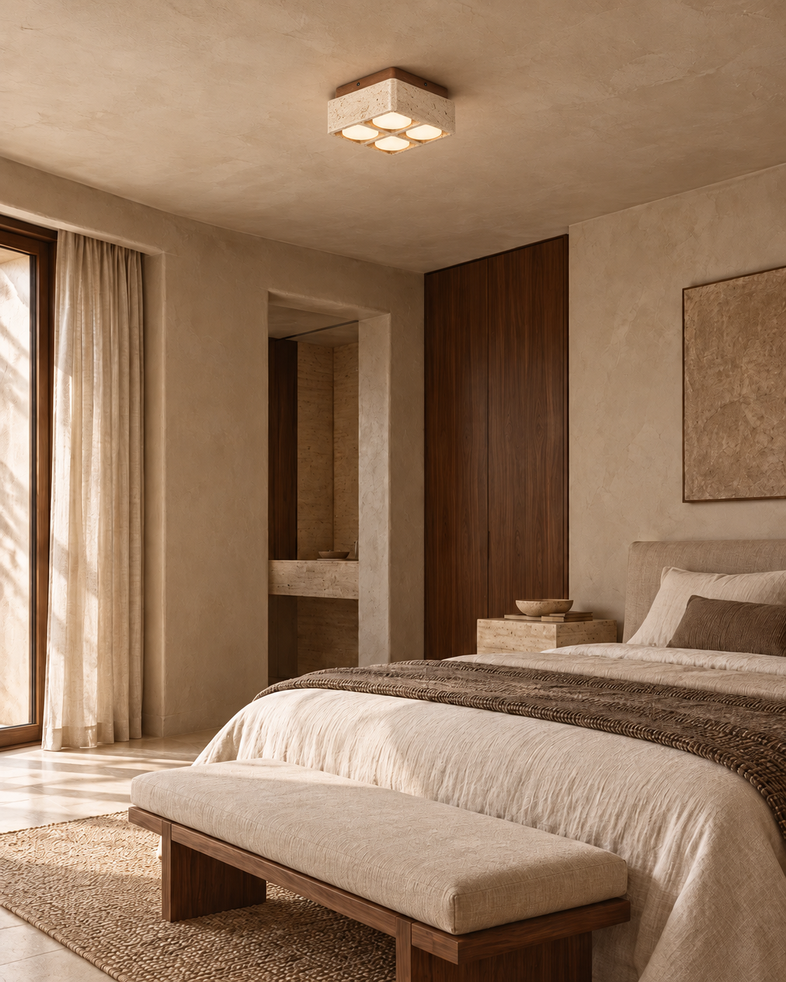 Travertine & Walnut Flush Mount Ceiling Light | Soren