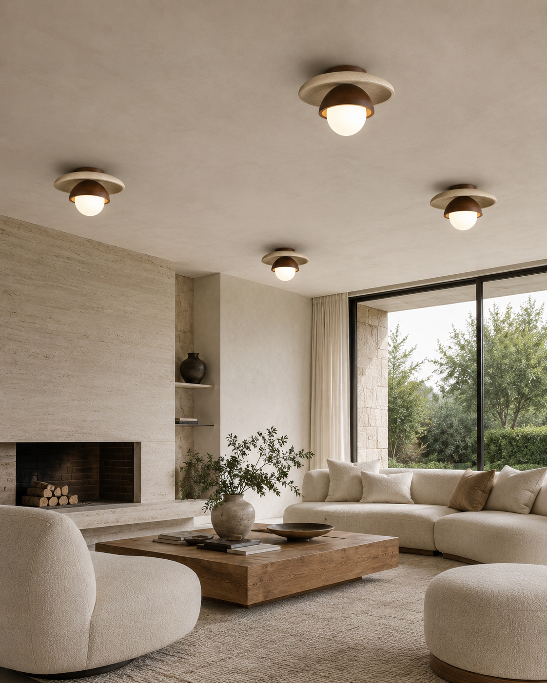 Aster | Travertine & Wood Ceiling Light