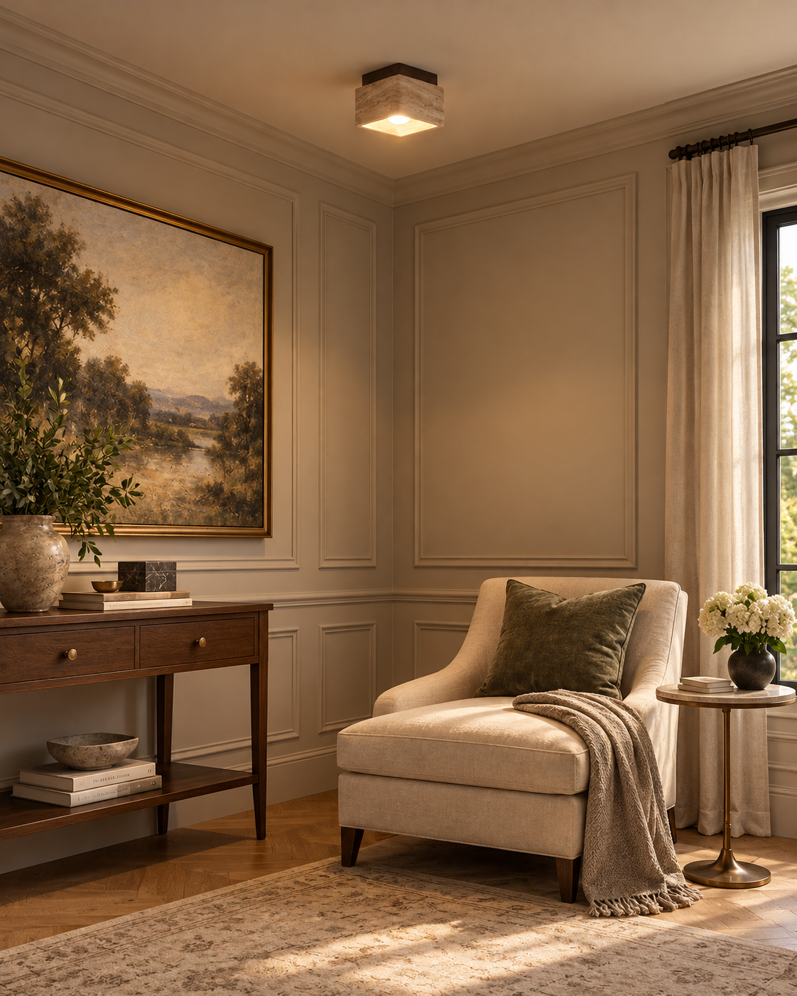 Natural Travertine & Wood Flush Mount Ceiling Light | Avenor