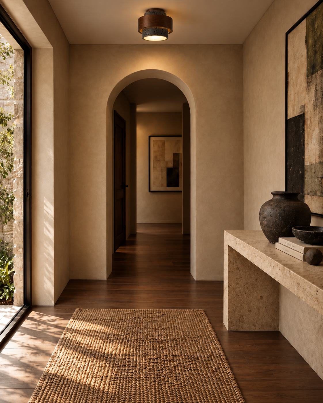 Natural Travertine & Walnut Wood Flush Mount Ceiling Light | Caldris