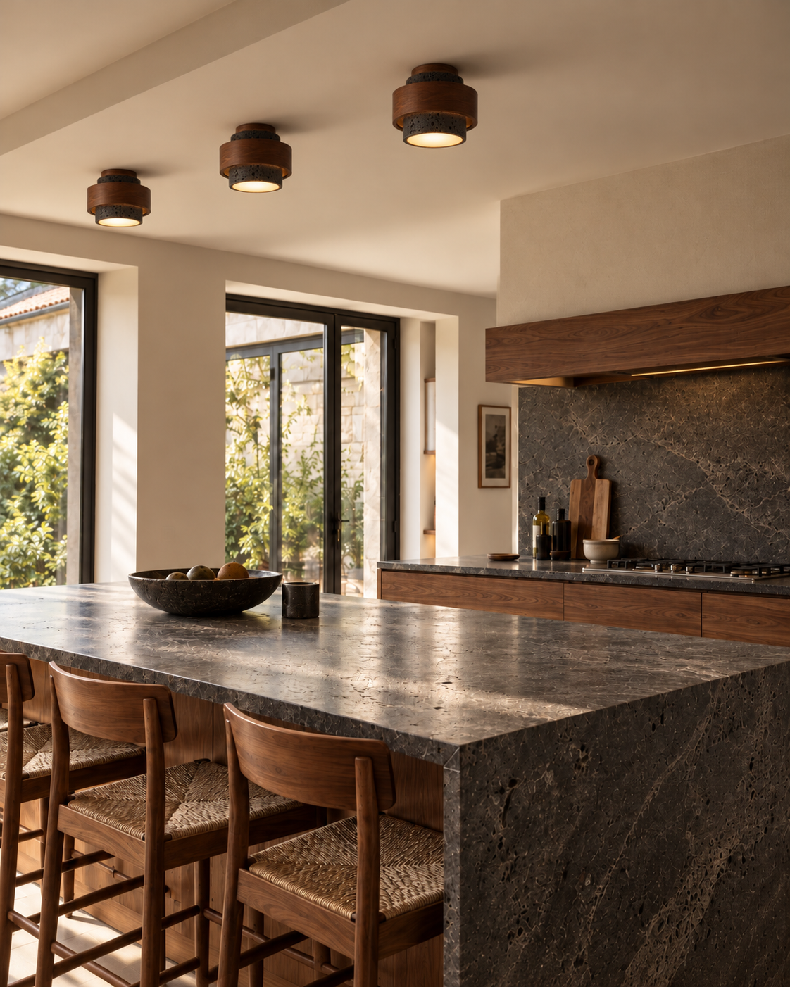 Natural Travertine & Walnut Wood Flush Mount Ceiling Light | Caldris