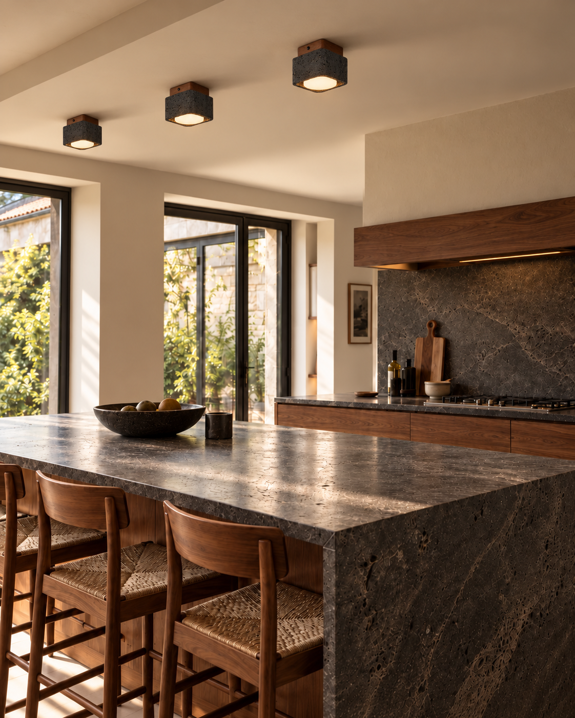 Travertine & Walnut Flush Mount Ceiling Light | Soren
