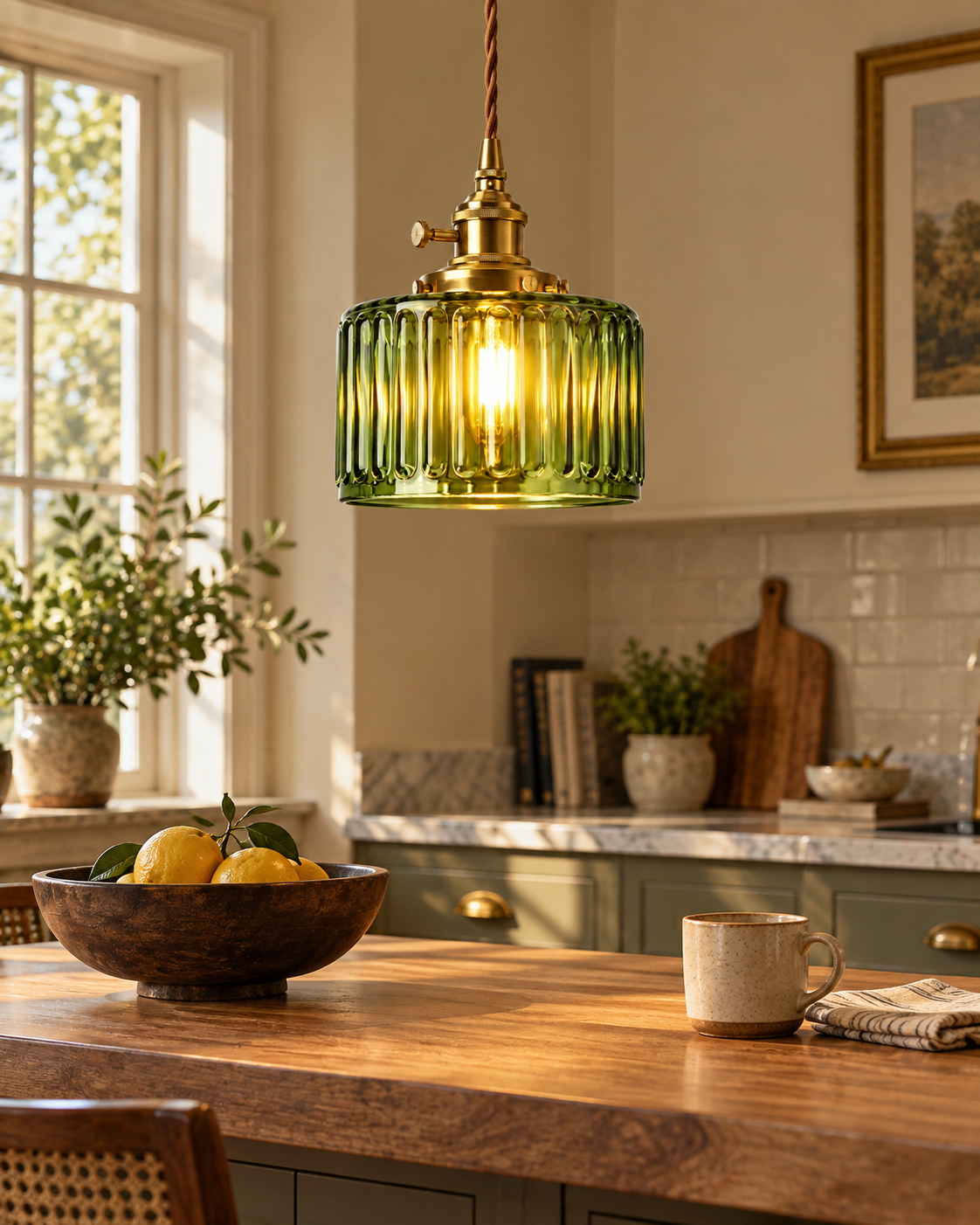 Ribbed Green Glass Pendant Light | Vira