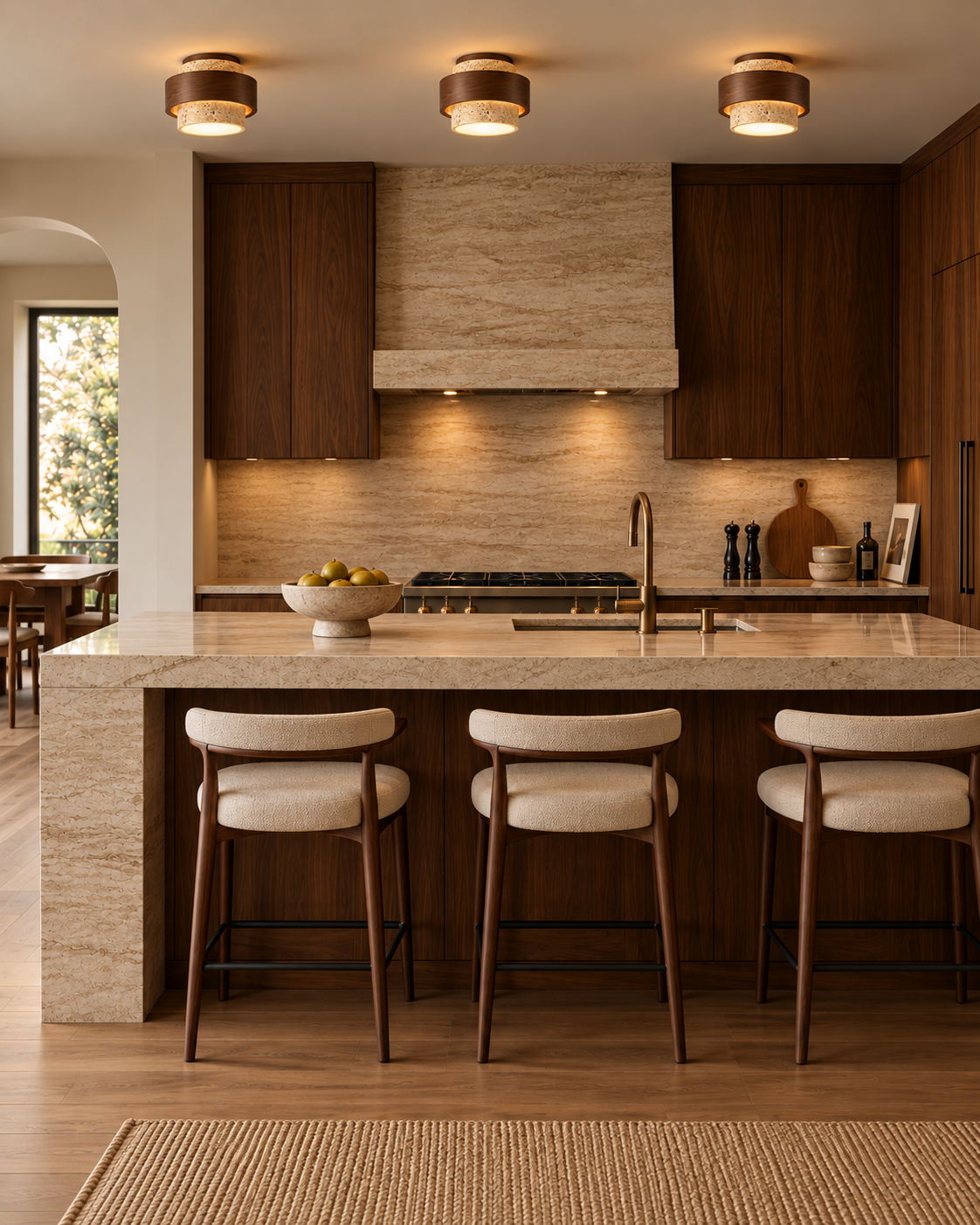 Natural Travertine & Walnut Wood Flush Mount Ceiling Light | Caldris