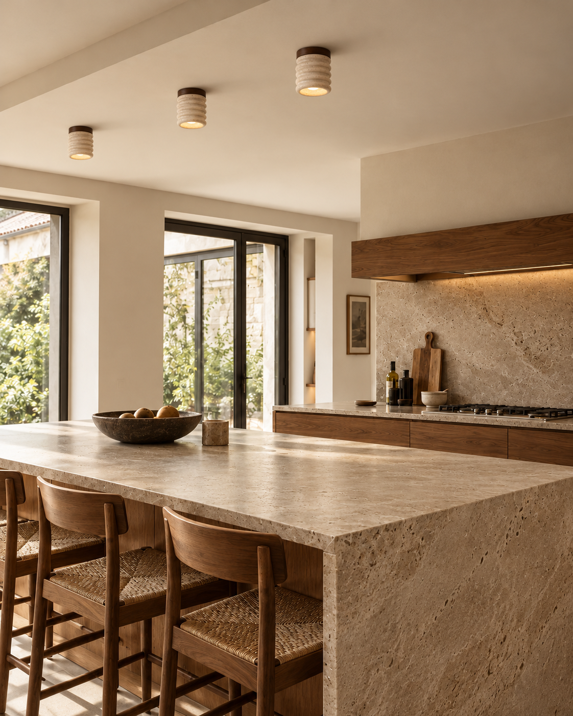 Ribbed Natural Travertine Ceiling Light | Rovik