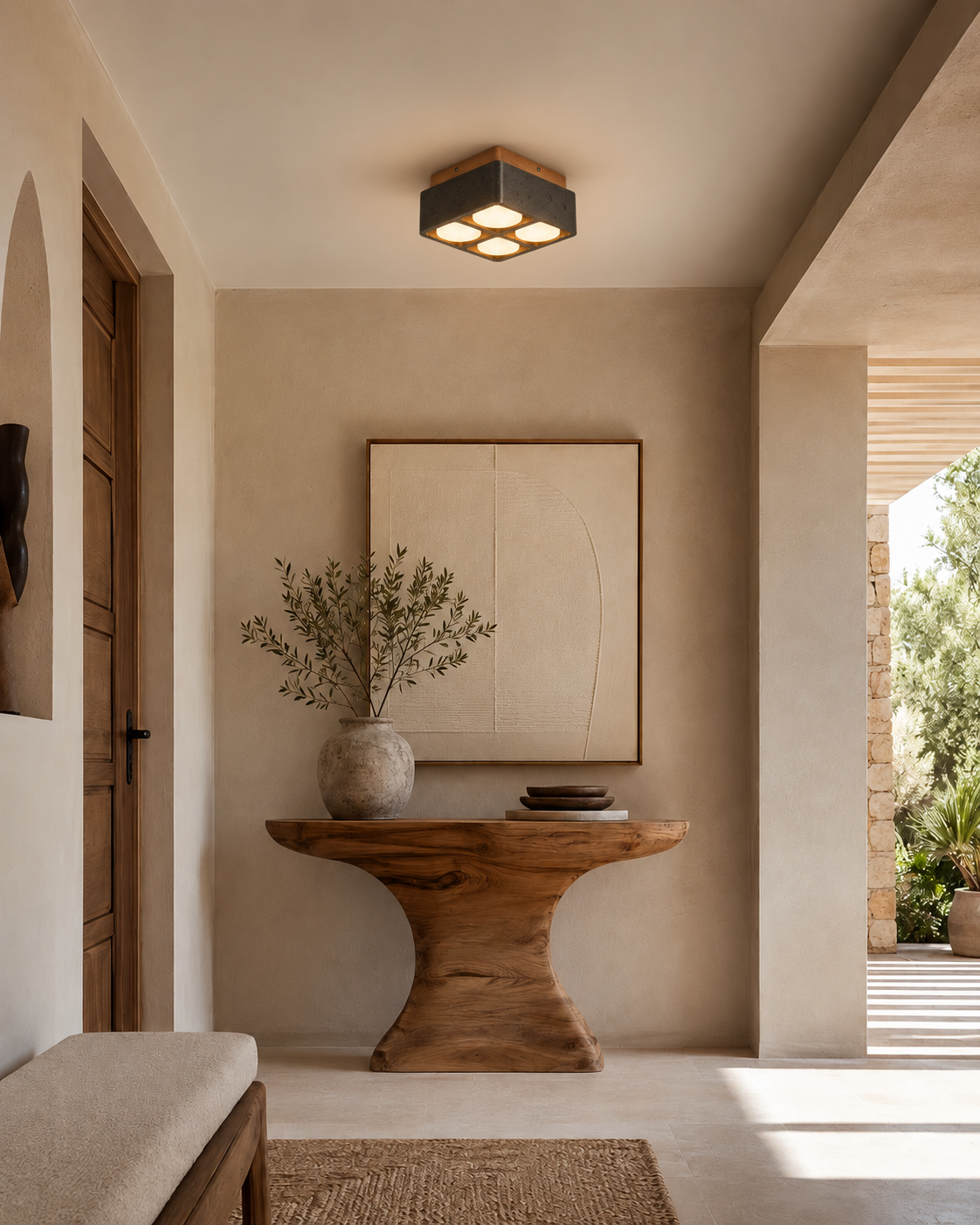 Travertine & Walnut Flush Mount Ceiling Light | Soren
