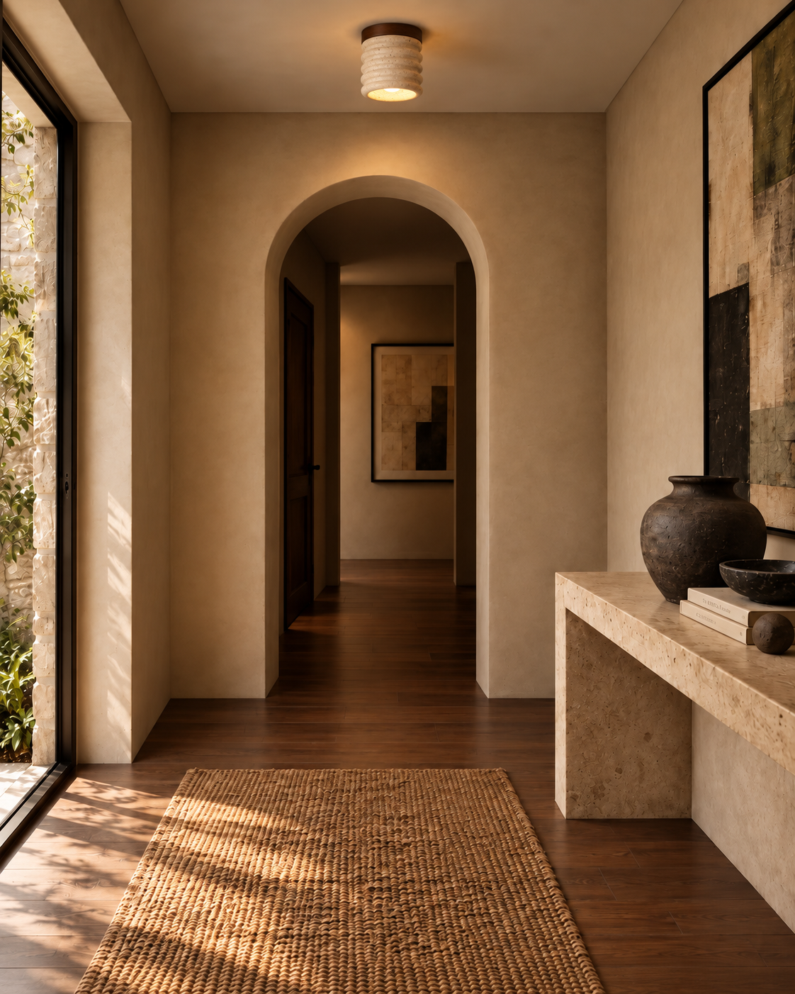 Ribbed Natural Travertine Ceiling Light | Rovik