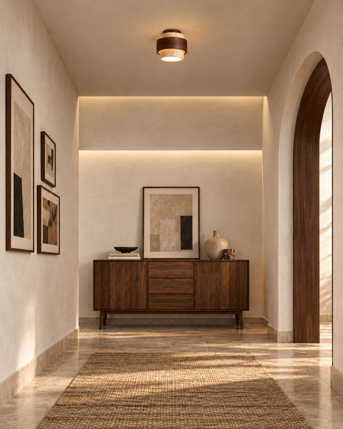 Natural Travertine & Walnut Wood Flush Mount Ceiling Light | Caldris