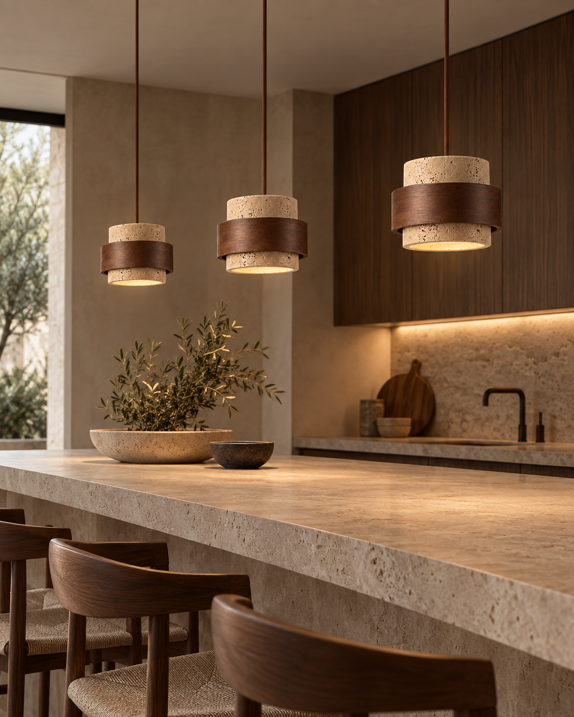 Tavira | Travertine & Solid Wood Pendant Light