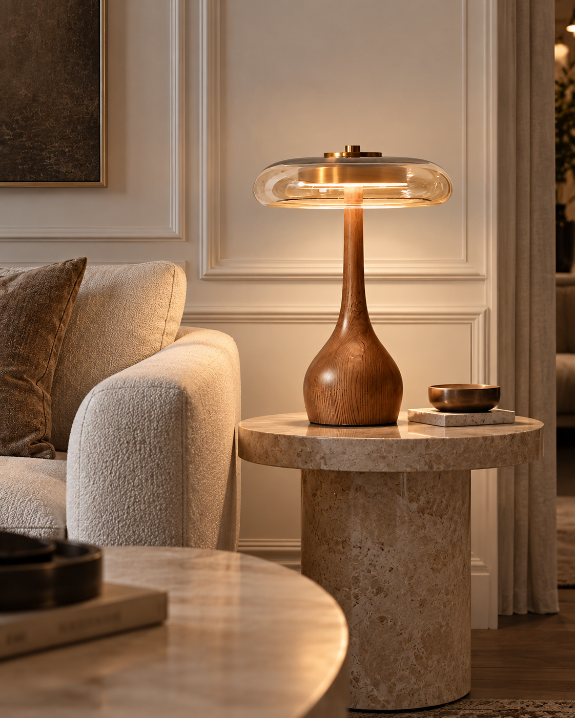 Walnut Wood & Amber Glass Table Lamp | Norevia