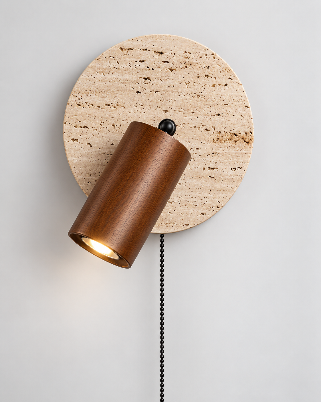 Travertine & Wood Wall Sconce with Pull Chain | Trava