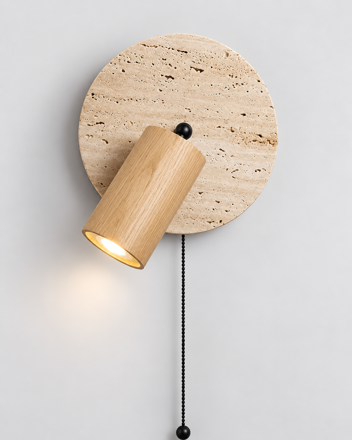 Travertine & Wood Wall Sconce with Pull Chain | Trava