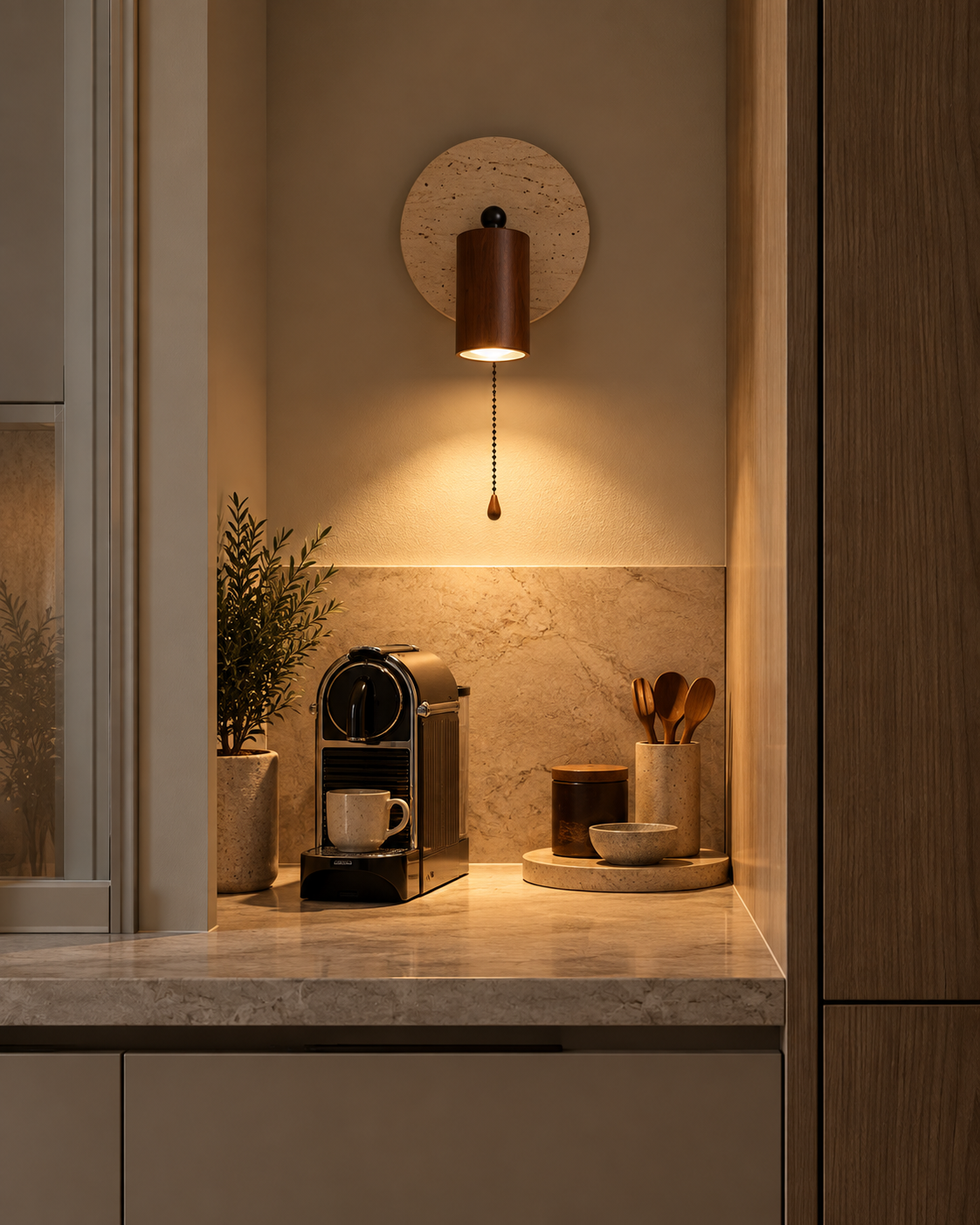 Travertine & Wood Wall Sconce with Pull Chain | Trava
