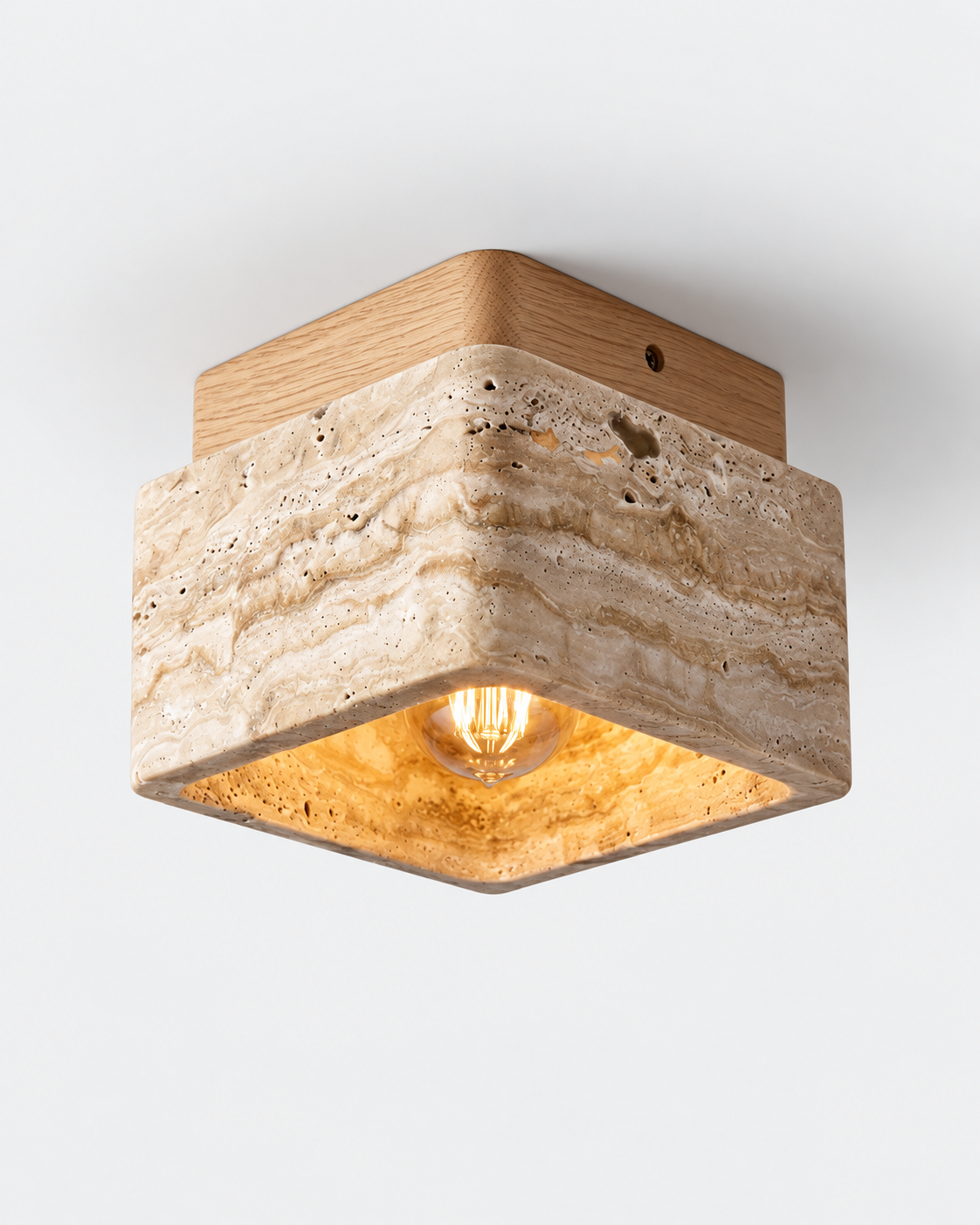 Natural Travertine & Wood Flush Mount Ceiling Light | Avenor