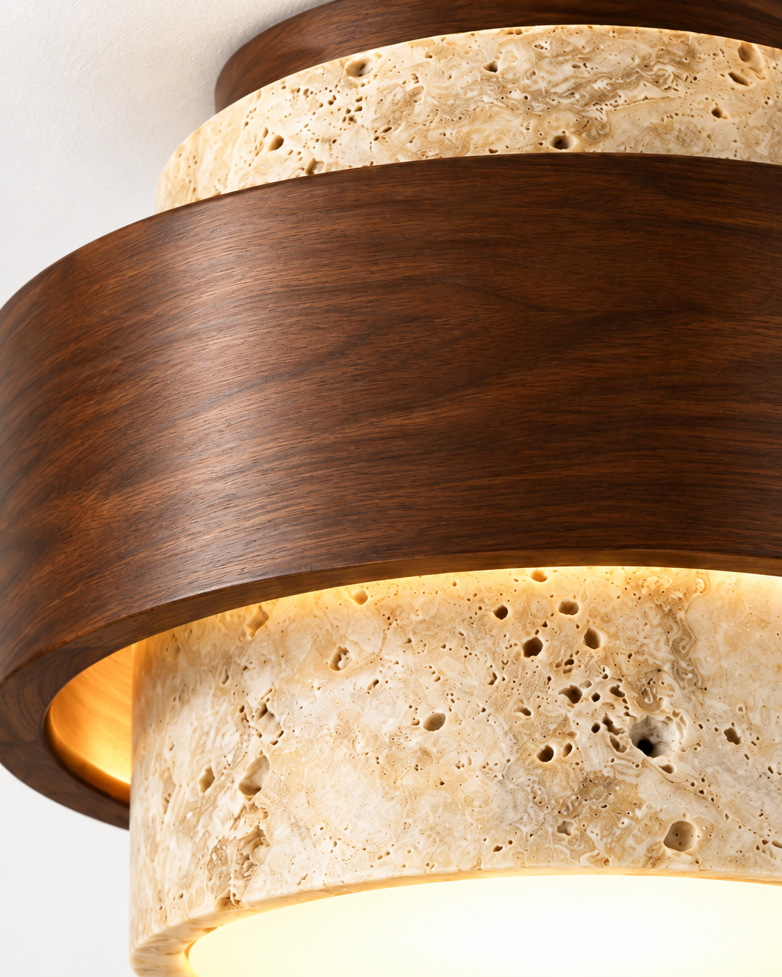 Natural Travertine & Walnut Wood Flush Mount Ceiling Light | Caldris