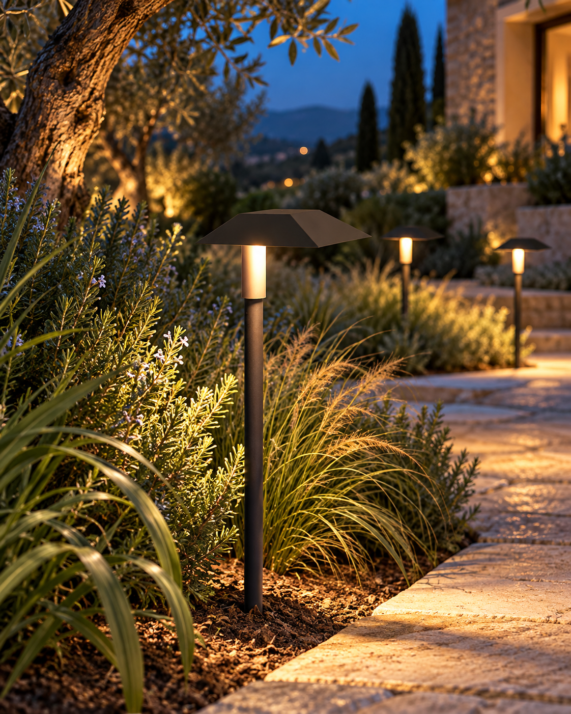 Sylvane black aluminum LED path light in a landscaped outdoor setting