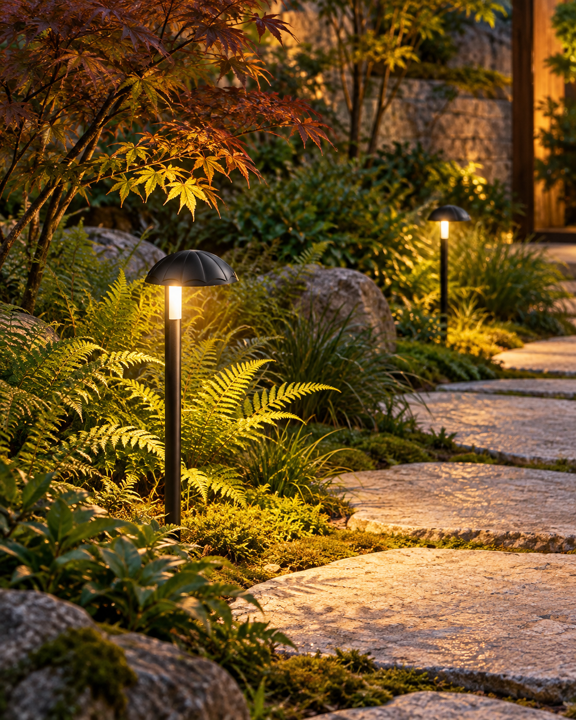 Sylvane black aluminum LED path light in a landscaped outdoor setting