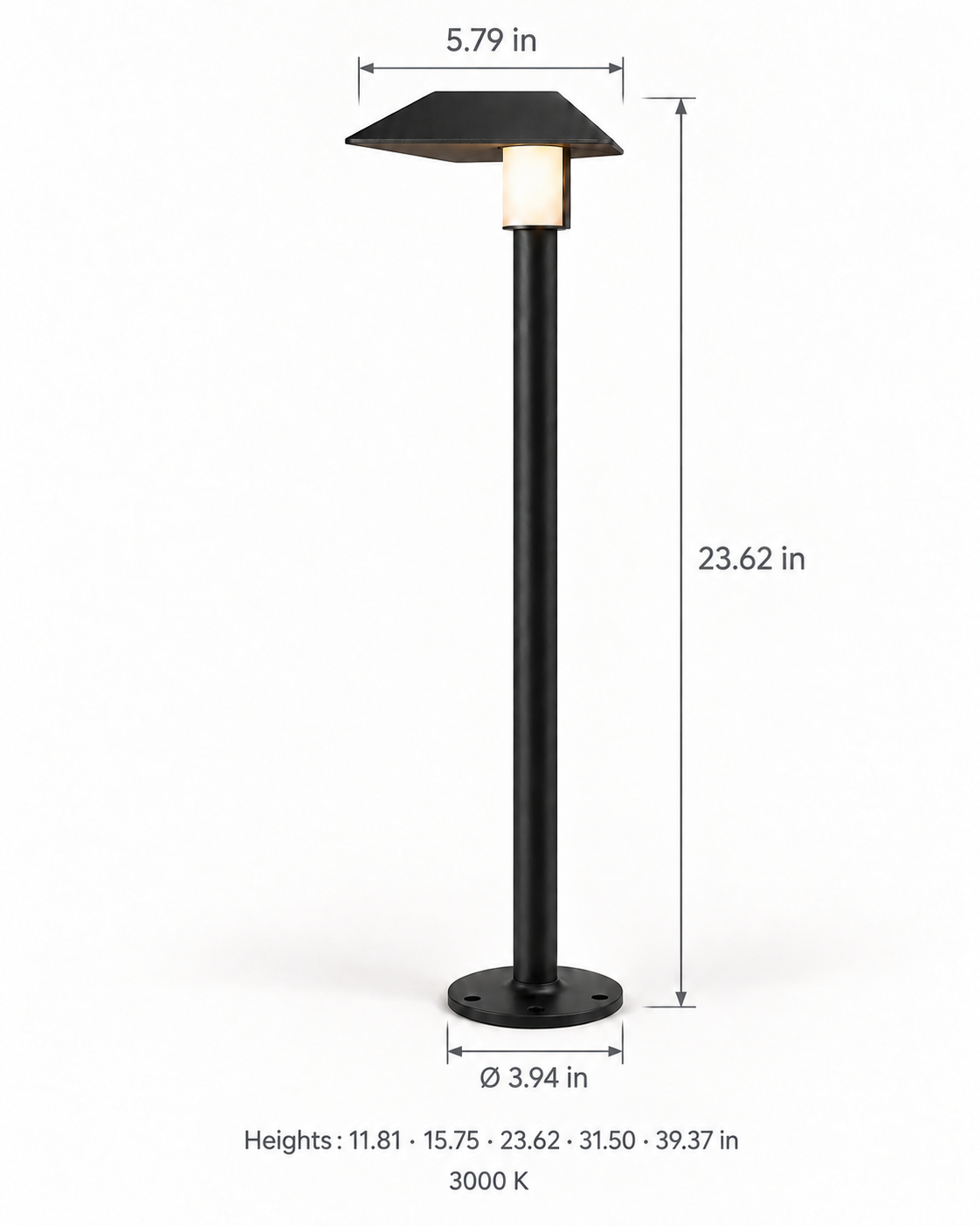 Sylvane pyramid head with surface base — warm white 3000 K — 23.62 in example with dimensions
