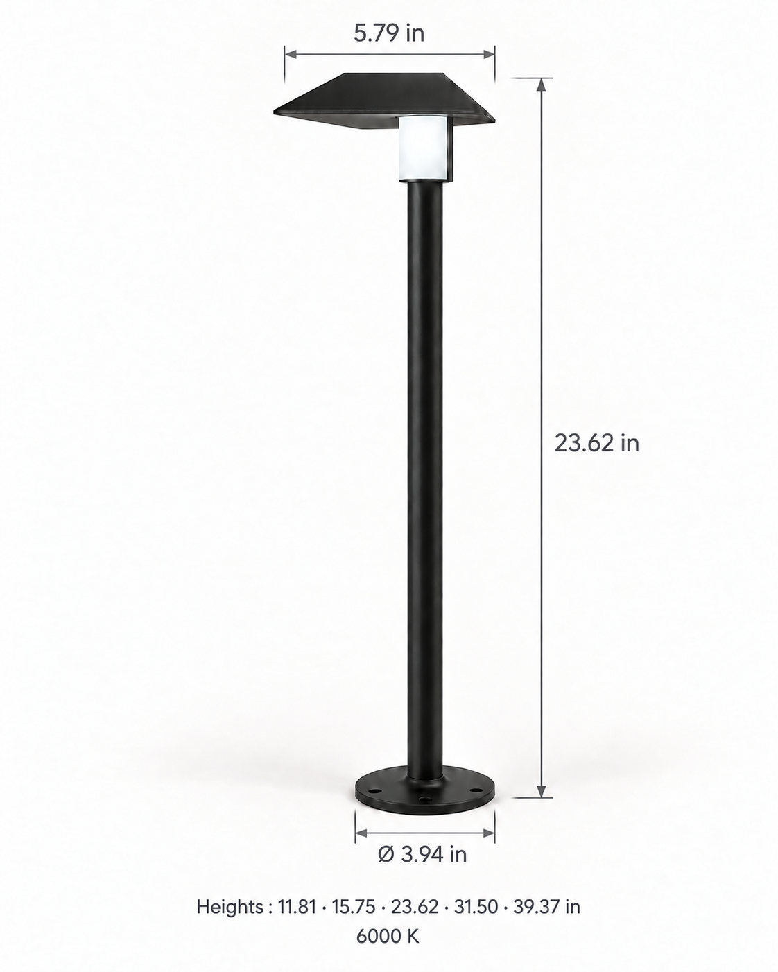 Sylvane pyramid head with surface base — cool white 6000 K — 23.62 in example with dimensions