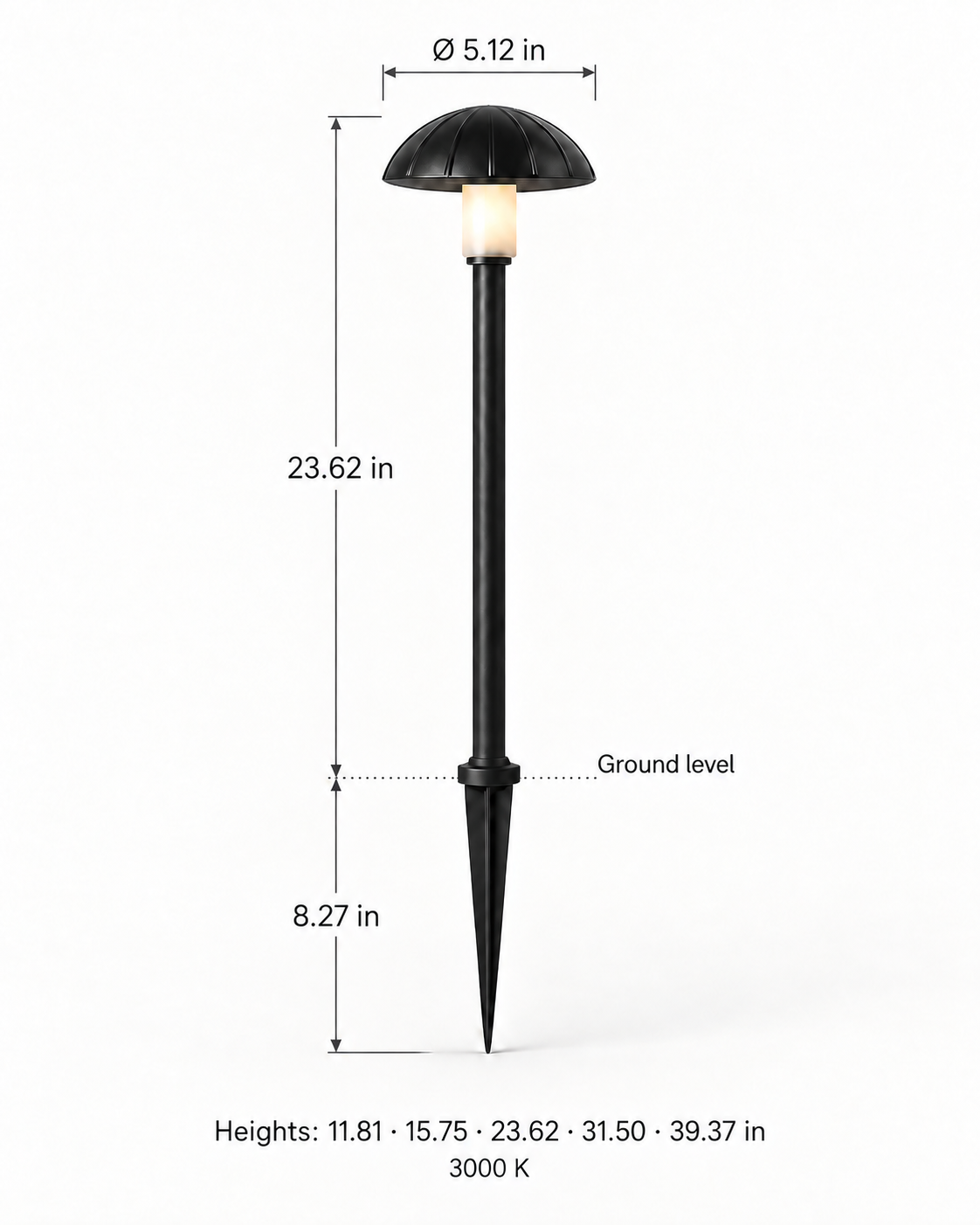 Sylvane dome head with ground spike — warm white 3000 K — 23.62 in example with dimensions