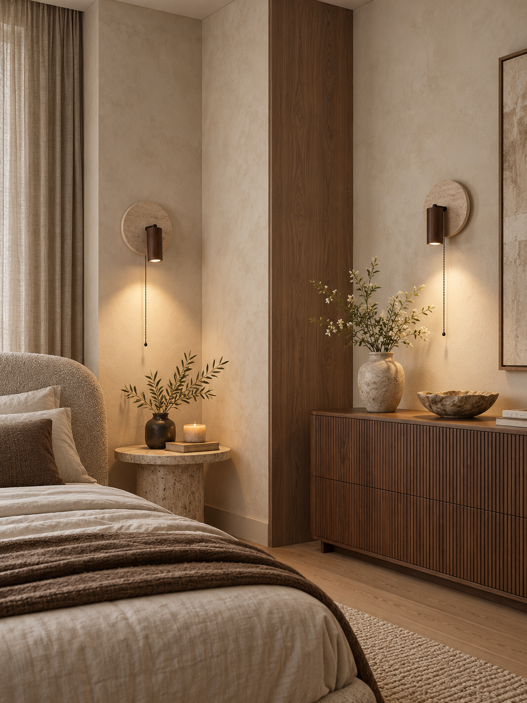 Travertine & Wood Wall Sconce with Pull Chain | Trava