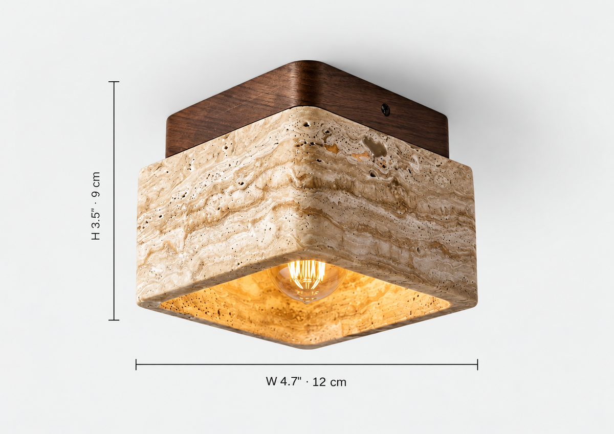 Natural Travertine & Wood Flush Mount Ceiling Light | Avenor