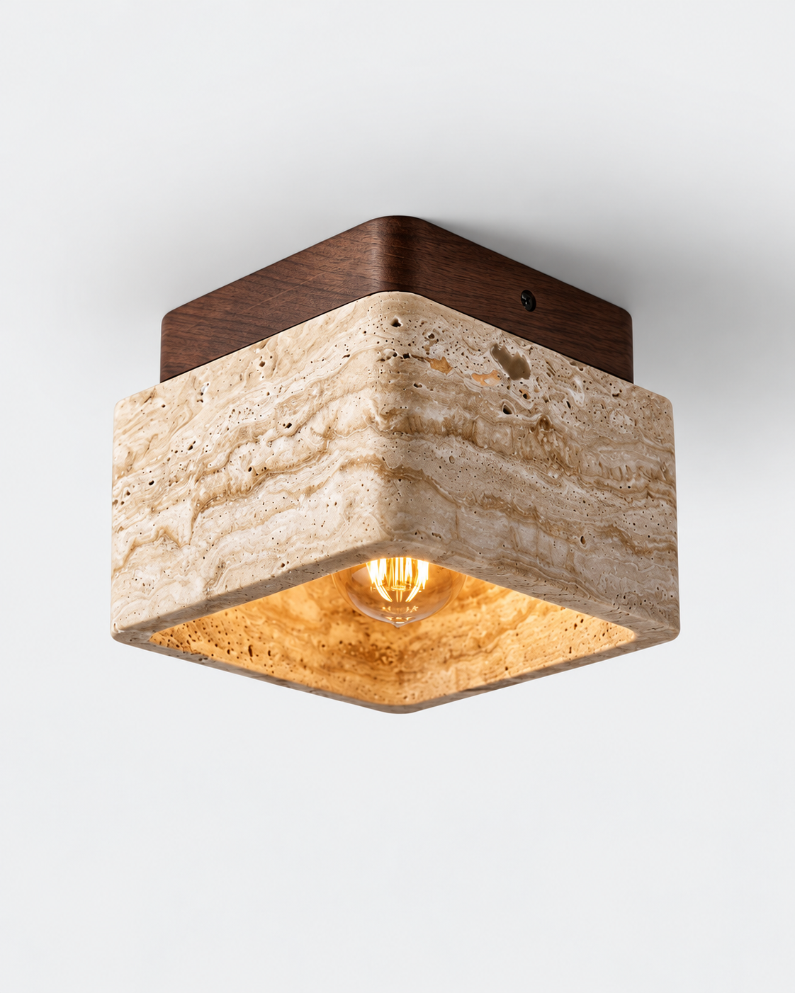 Natural Travertine & Wood Flush Mount Ceiling Light | Avenor