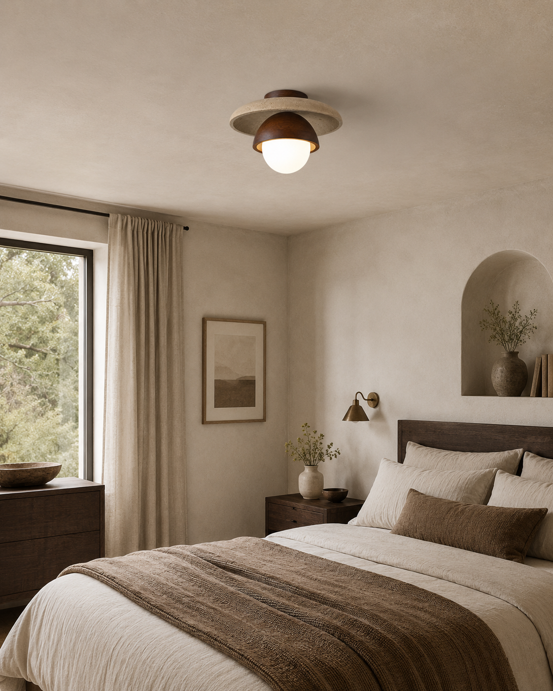 Aster | Travertine & Wood Ceiling Light