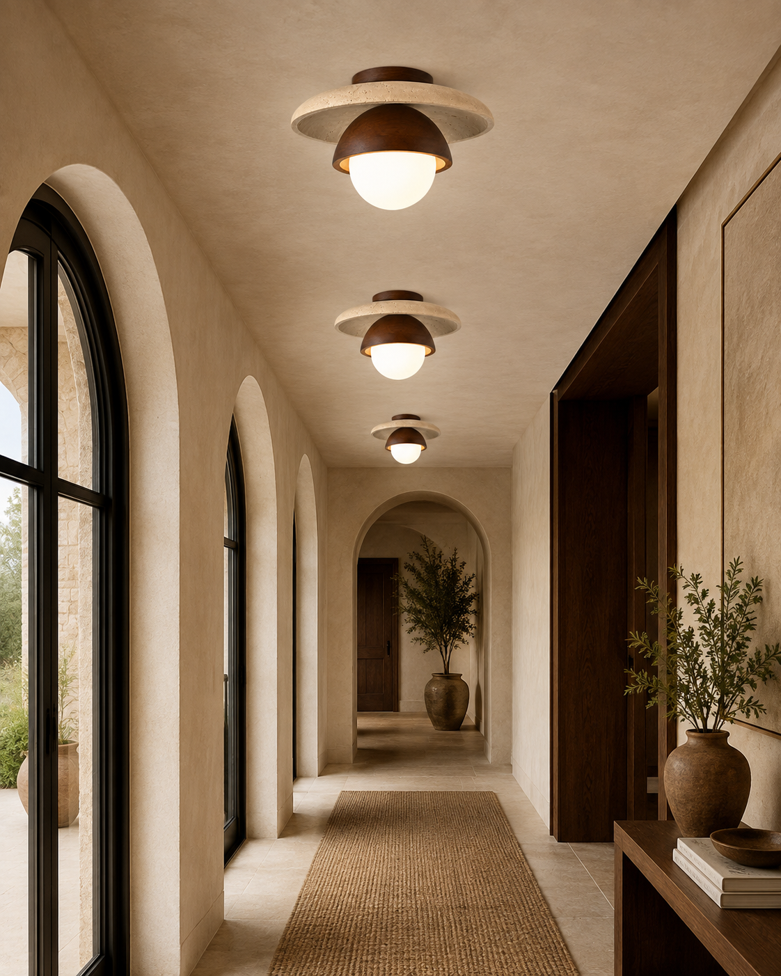 Aster | Travertine & Wood Ceiling Light