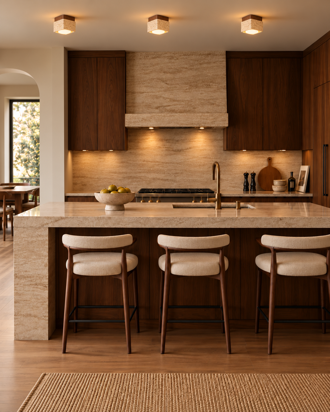 Travertine & Walnut Flush Mount Ceiling Light | Soren