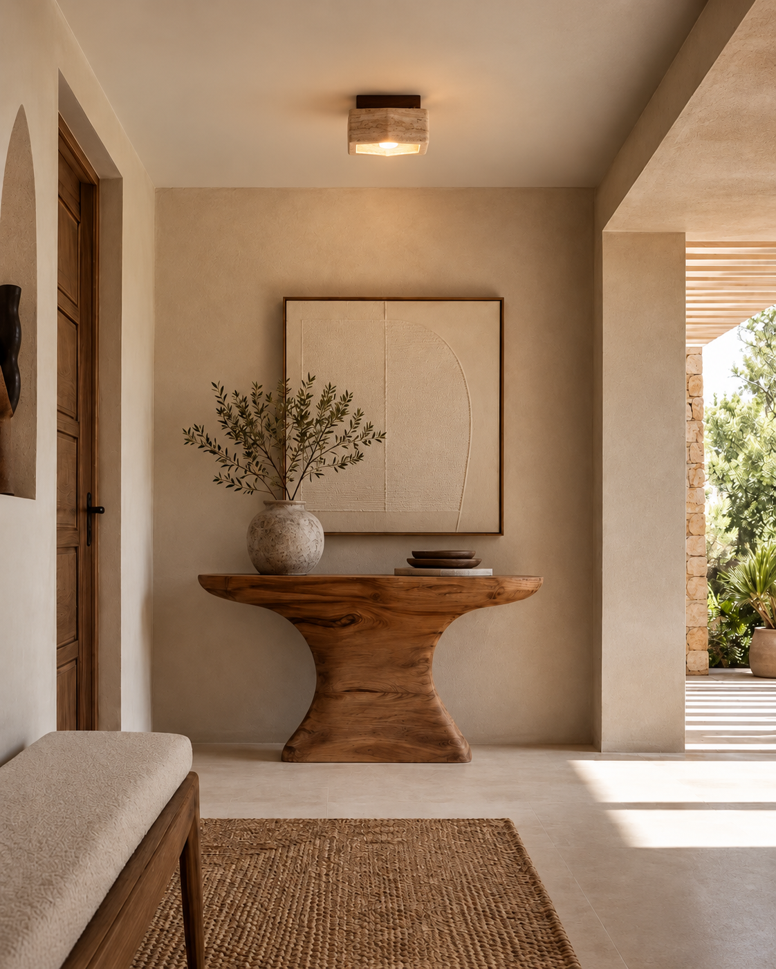 Natural Travertine & Wood Flush Mount Ceiling Light | Avenor