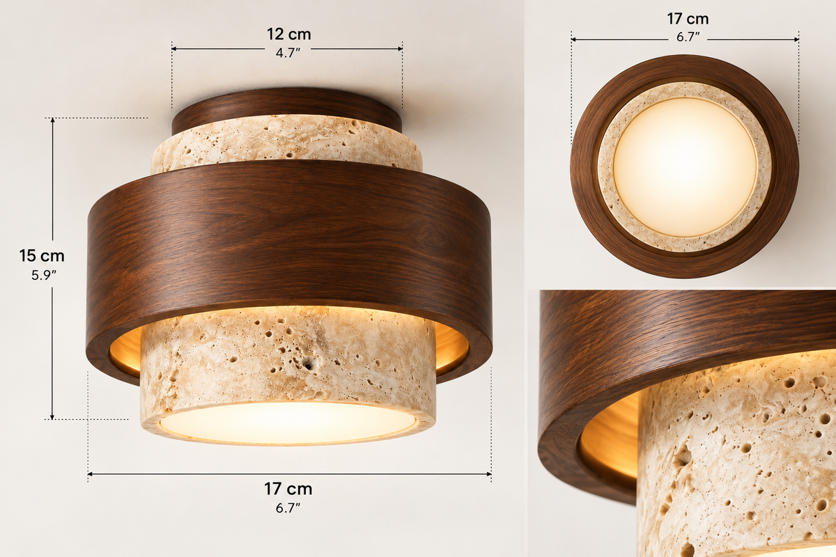 Natural Travertine & Walnut Wood Flush Mount Ceiling Light | Caldris