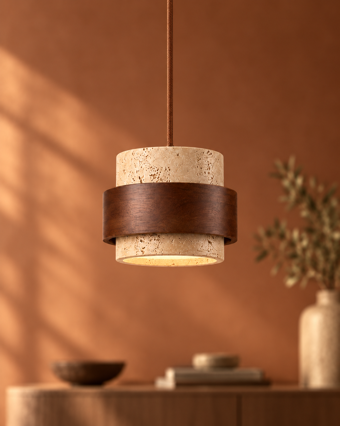 Tavira | Travertine & Solid Wood Pendant Light
