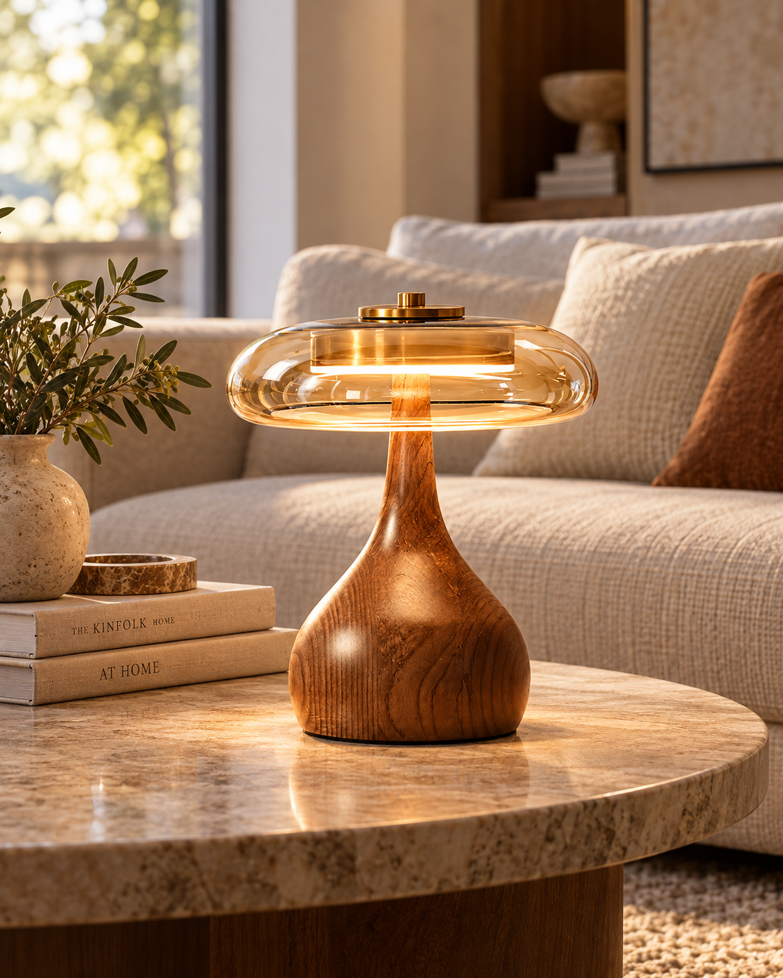 Walnut Wood & Amber Glass Table Lamp | Norevia