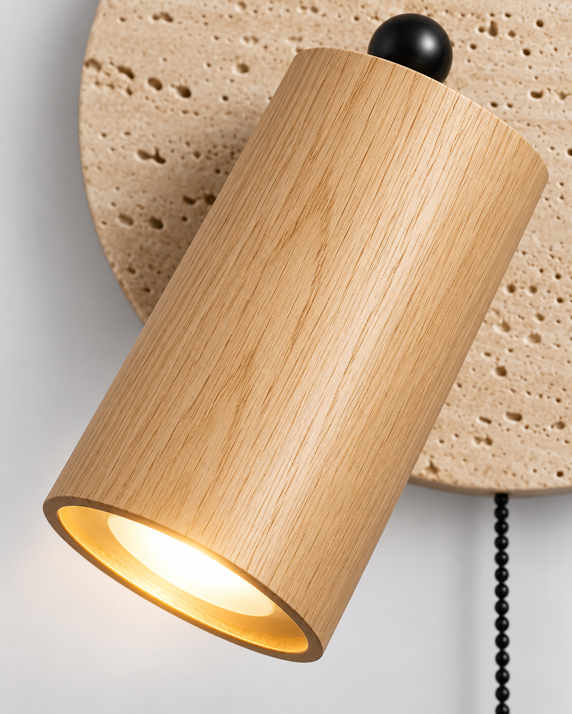 Travertine & Wood Wall Sconce with Pull Chain | Trava