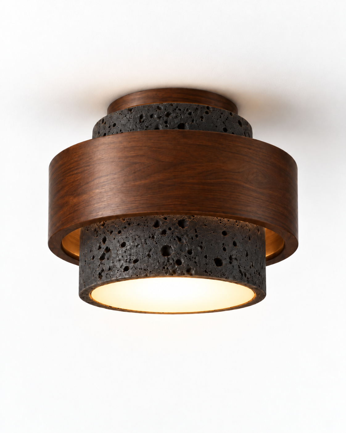 Natural Travertine & Walnut Wood Flush Mount Ceiling Light | Caldris