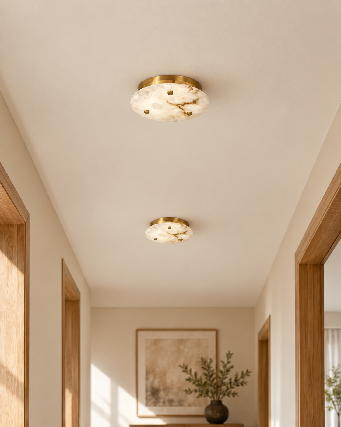 Serane ceiling light at realistic scale — multiple corridor