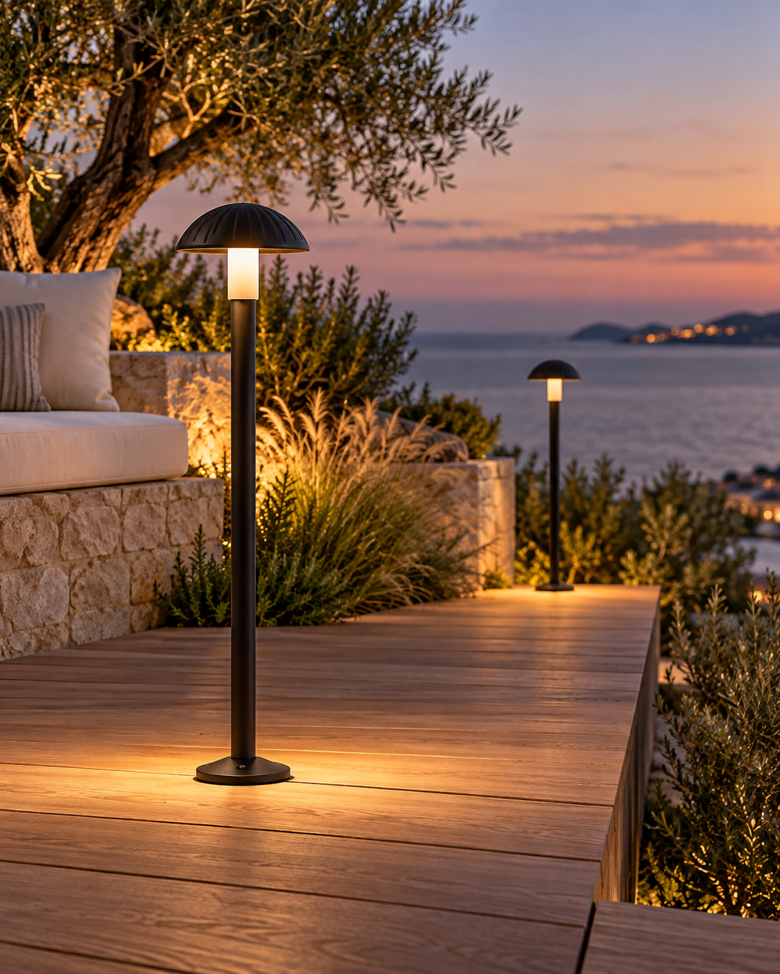 Sylvane black aluminum LED path light in a landscaped outdoor setting