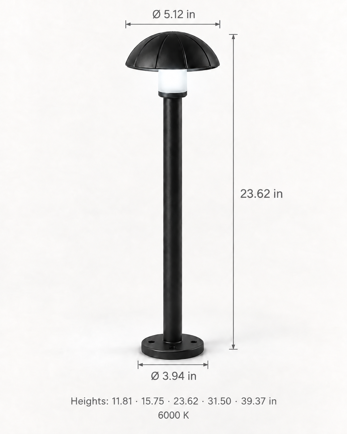 Sylvane dome head with surface base — cool white 6000 K — 23.62 in example with dimensions