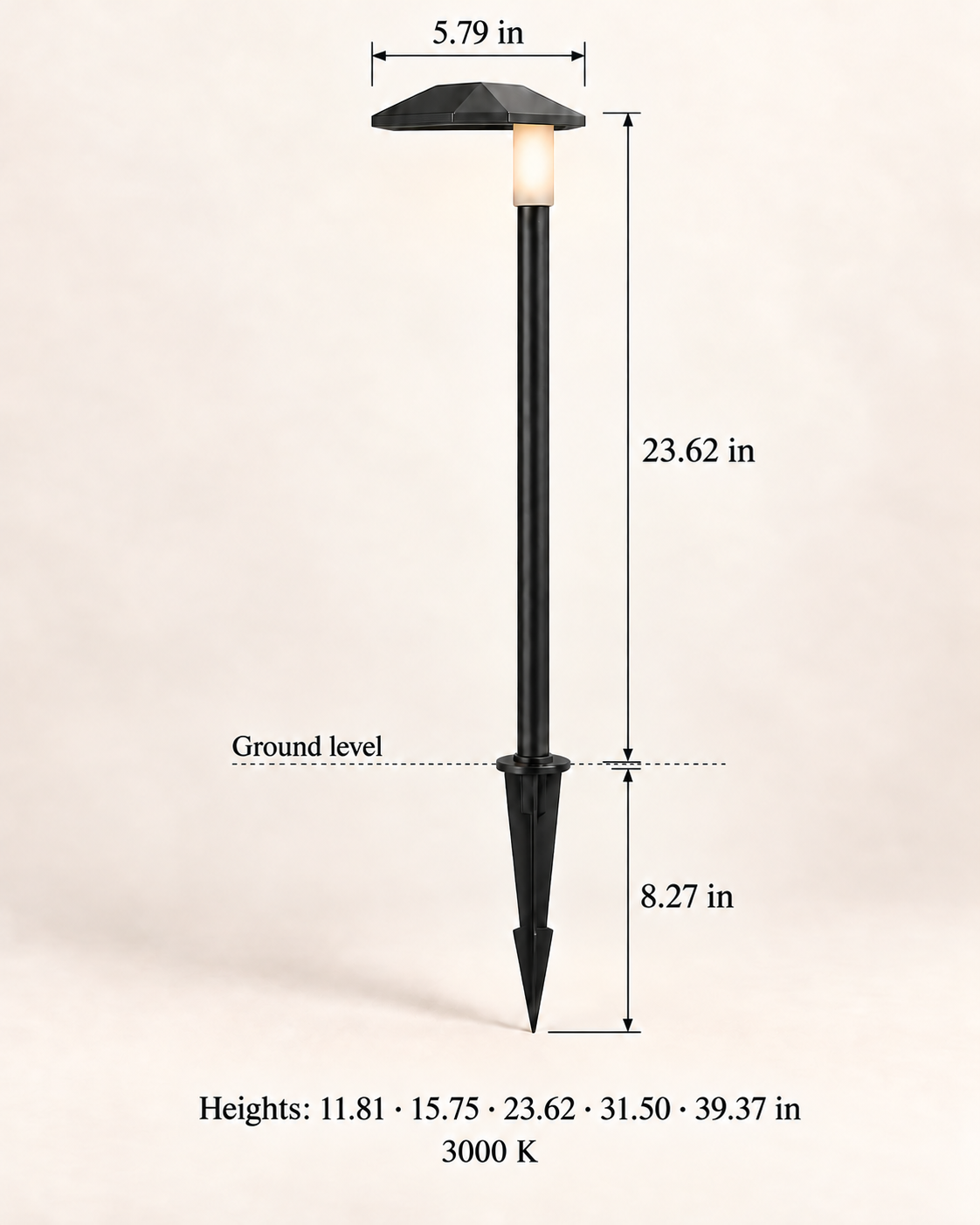 Sylvane pyramid head with ground spike — warm white 3000 K — 23.62 in example with dimensions