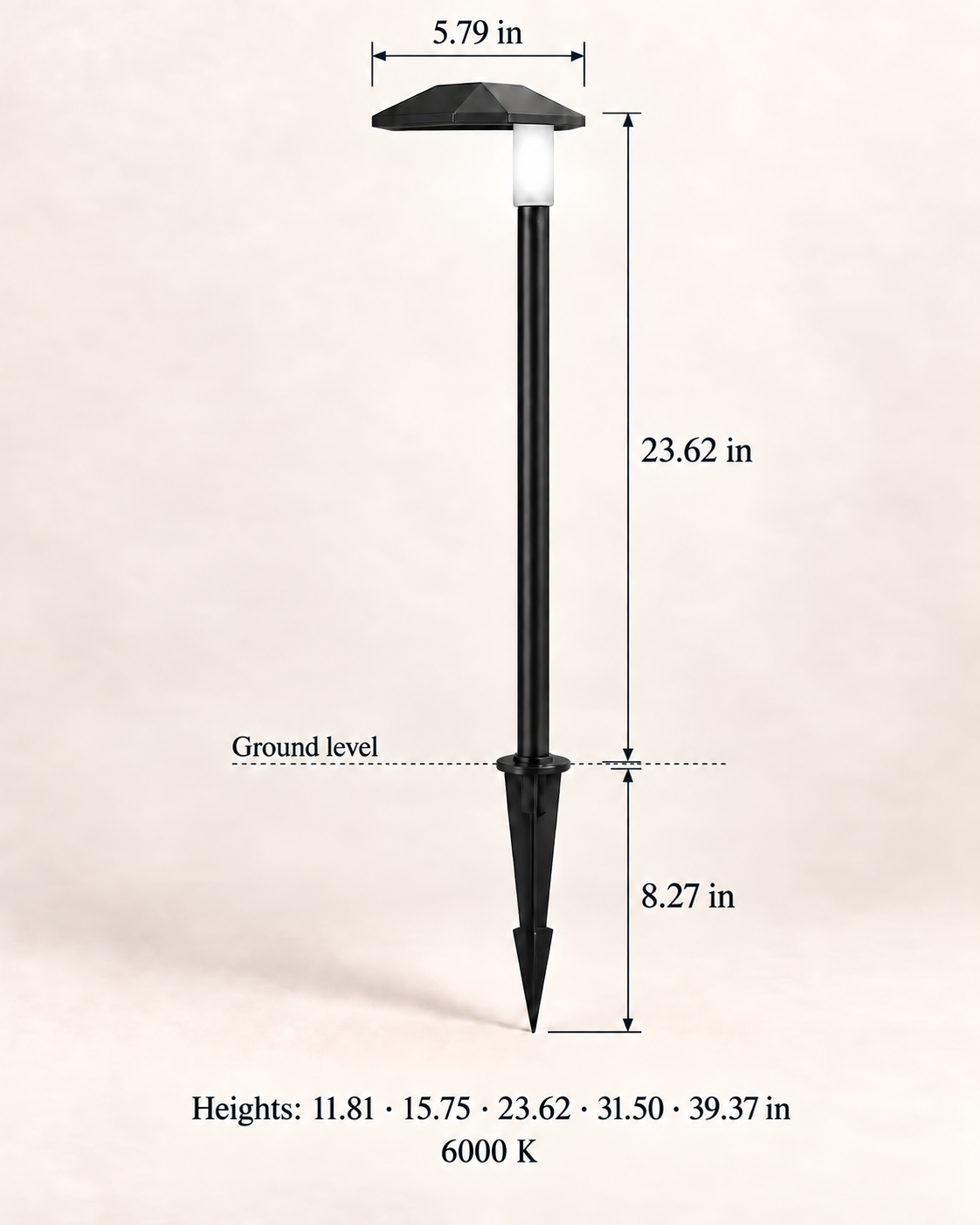 Sylvane pyramid head with ground spike — cool white 6000 K — 23.62 in example with dimensions