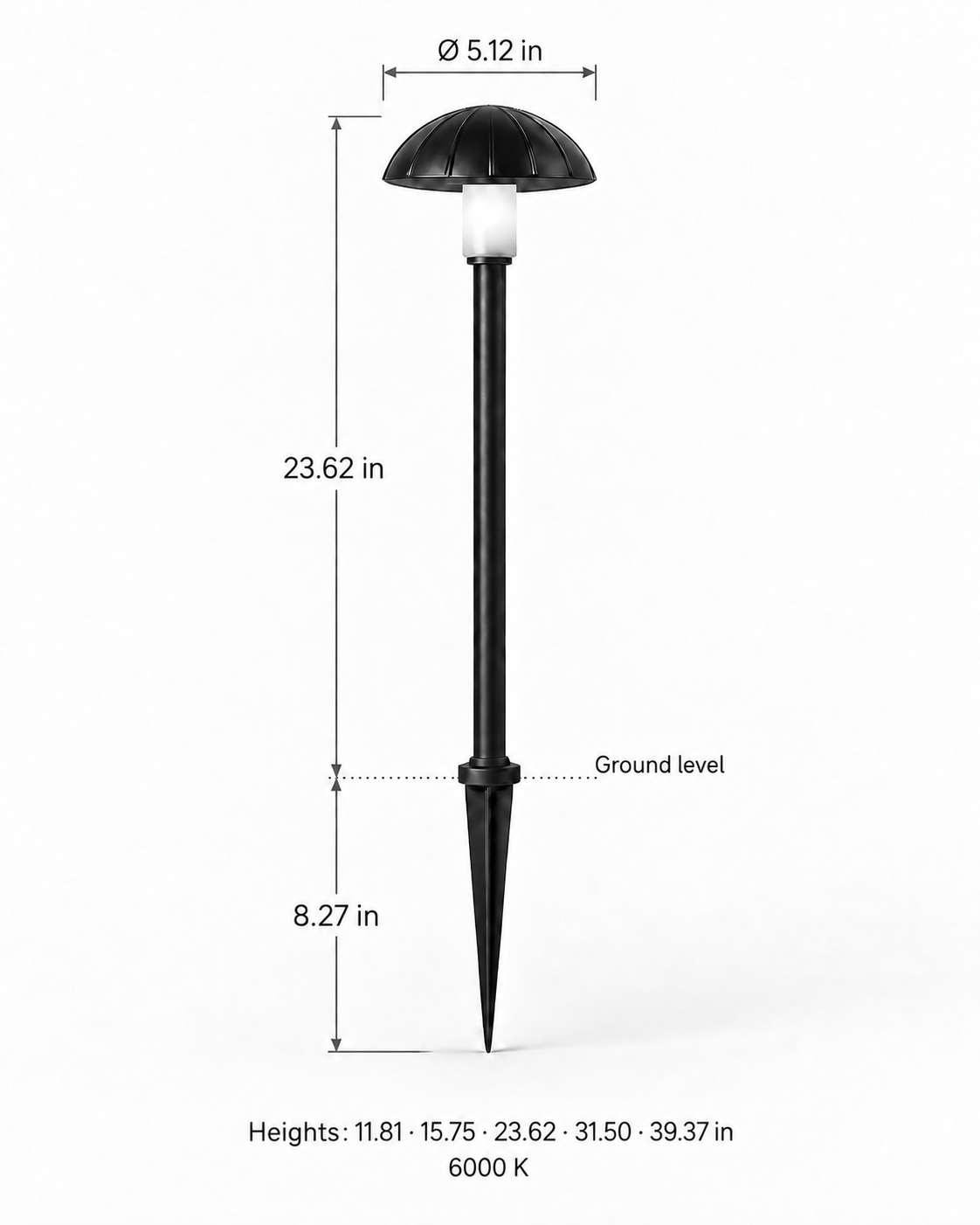 Sylvane dome head with ground spike — cool white 6000 K — 23.62 in example with dimensions